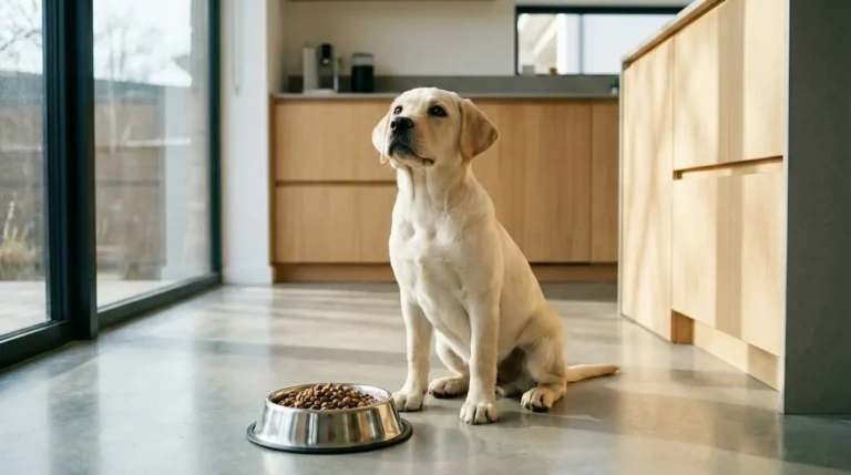 Ein hungriger Labrador-Welpe sitzt brav vor seinem gefüllten Futternapf in einer hellen Küche und wartet auf die Freigabe