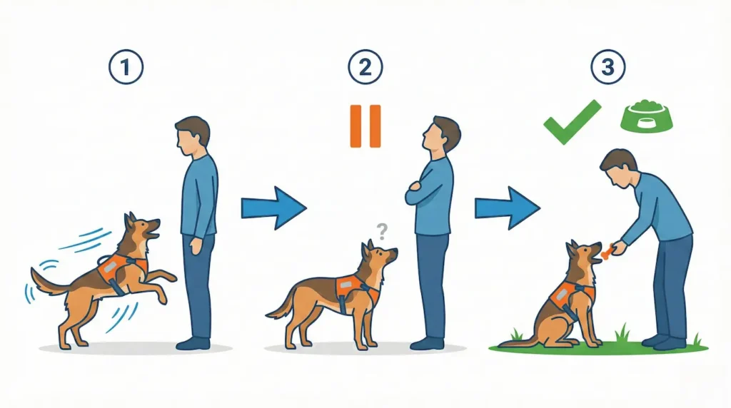 Drei Schritte visualisiert: 1. Hund kommt an (hibbelig). 2. Person wartet passiv (kein Futter). 3. Hund setzt sich -> Futter kommt sofort.