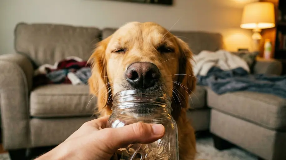 Hund steckt Nase in ein Einmachglas, das der Besitzer in der Hand hält, im Hintergrund Wohnzimmer-Setting, entspannte Atmosphäre
