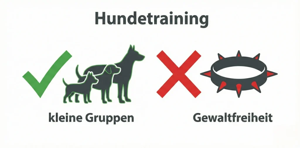 Vektor-Grafik Checkliste: Grüne Haken bei kleiner Gruppe, positiver Verstärkung; Rote Kreuze bei Würgehalsband und Gewalt