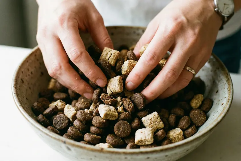 Zwei Hände mischen vorsichtig zwei verschiedene Sorten Trockenfutter (unterschiedliche Formen/Farben) in einer Keramikschüssel