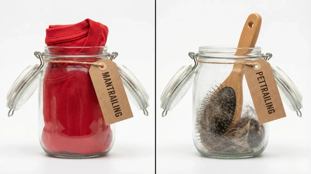 Links ein Glas mit einem T-Shirt (Mensch), Rechts ein Glas mit einer Tierhaarbürste voller Fell (Pettrailing). Sauber beschriftet.