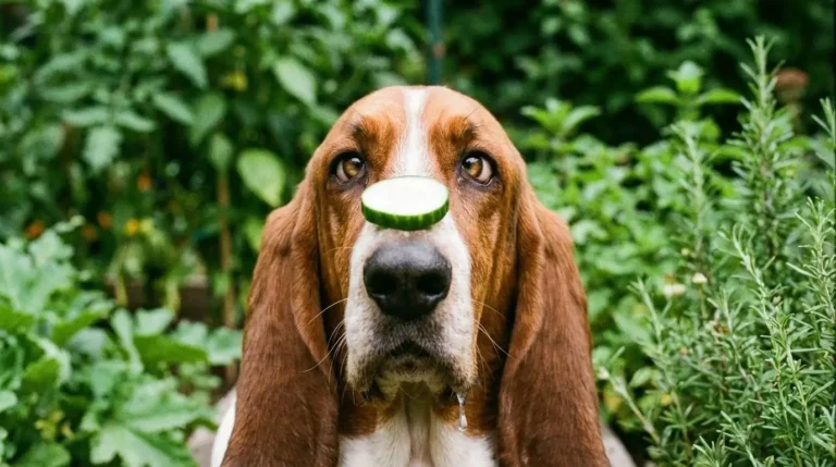 Ein Hund hat eine Gurkenscheibe auf der Schnautze
