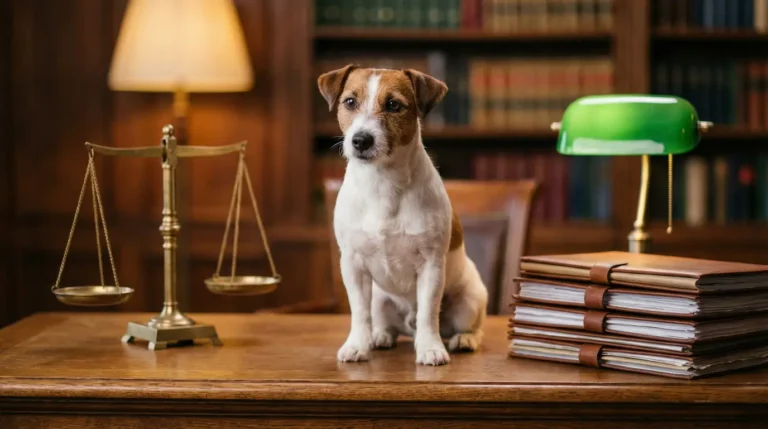 Ein Jack Russell Terrier sitzt aufmerksam neben einer stilisierten Justitia-Waage und einem Stapel Akten, Symbol für Hunderecht