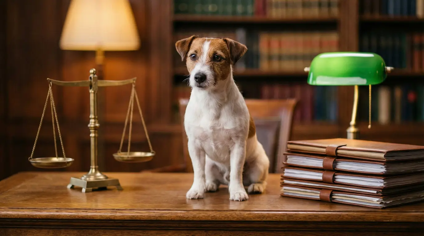 Ein Jack Russell Terrier sitzt aufmerksam neben einer stilisierten Justitia-Waage und einem Stapel Akten, Symbol für Hunderecht