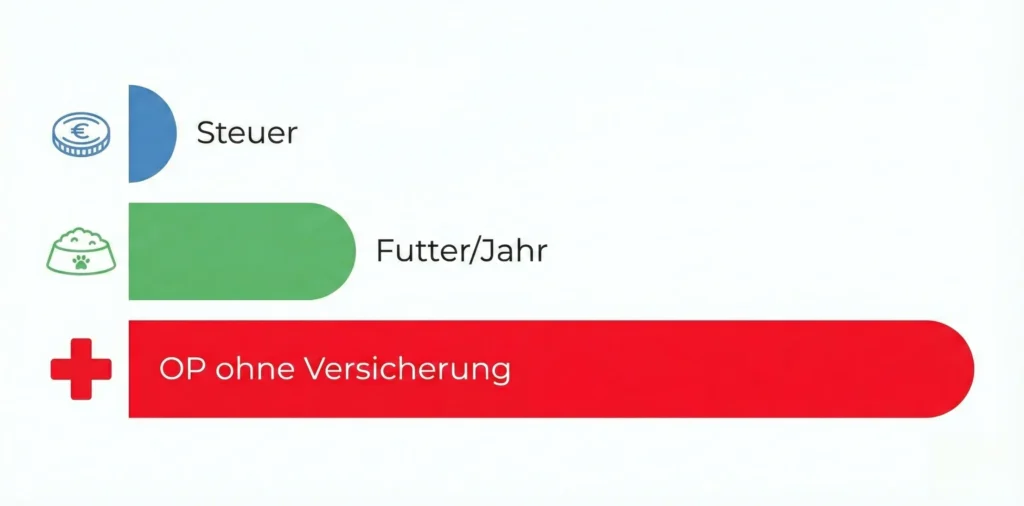 Vektor-Diagramm: Vergleich der Kostenbalken für Hundesteuer (klein), Futter (mittel) und eine OP ohne Versicherung (sehr hoch)