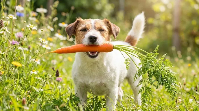 EIn Hund mit Karotte im Maul