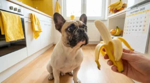 Ein Hund will eine Banane essen