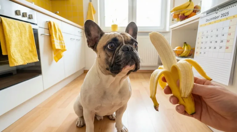Ein Hund will eine Banane essen