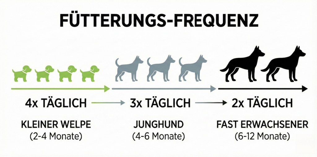 Vektor-Tabelle Fütterungszeiten: Bis 4 Monate (4x täglich), 4-6 Monate (3x täglich), ab 6 Monate (2x täglich)