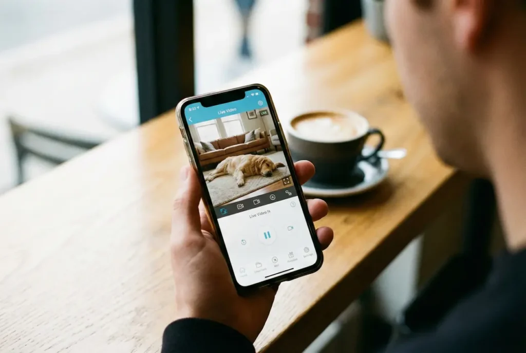 Nahaufnahme eines Smartphones in einer Hand, auf dem Display sieht man das Live-Video einer Überwachungskamera, die einen schlafenden Hund zeigt