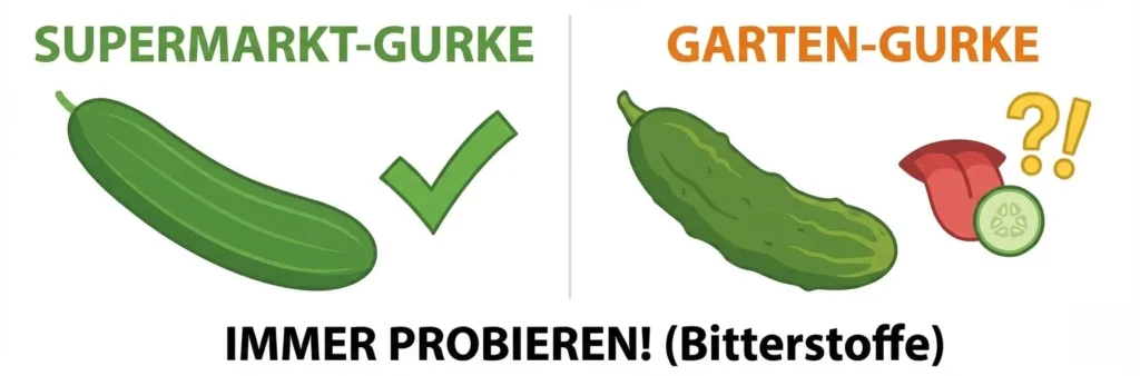 Vergleich: Glatte Supermarkt-Gurke (Sicher) vs. Schrumpelige Garten-Gurke (Testen!)