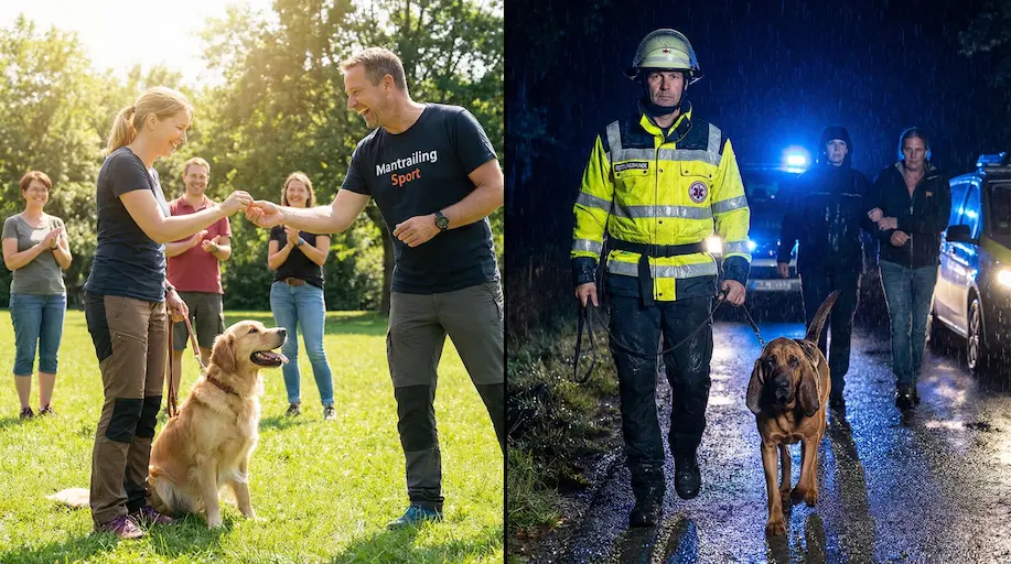 Split-Screen: Links sonniger Park mit lachenden Menschen (Sport), Rechts dunkle Regennacht mit Blaulicht und ernsten Gesichtern (Einsatz)