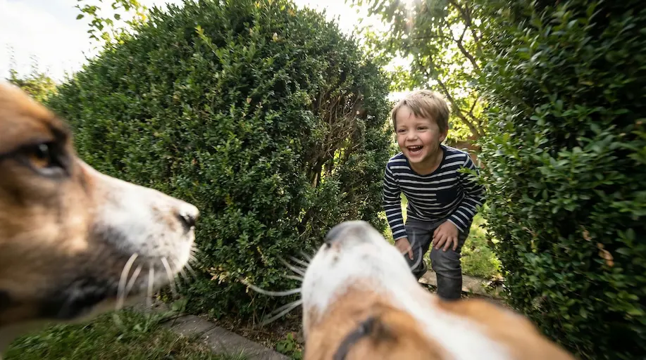 Ein kleine rJunge wird von zwei Hunden beim Mantrailing gefunden.