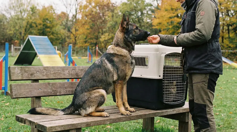 Ein Suchhund sitzt ruhig vor einer hochgestellten Transportbox (geschlossen), schaut den Hundeführer an. Er bellt nicht und kratzt nicht.