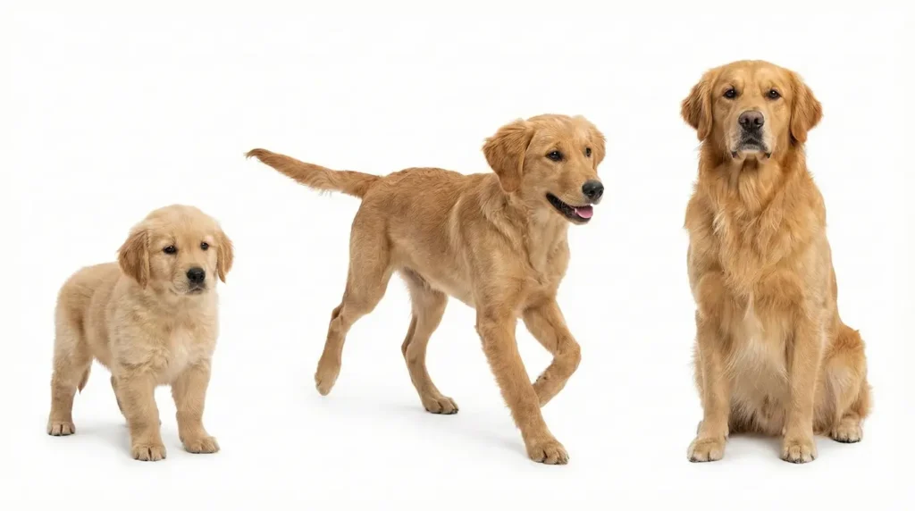 Collage mit drei Bildern nebeneinander: 1. Kleiner Welpe (8 Wochen), 2. Schlaksiger Junghund (6 Monate), 3. Stattlicher erwachsener Hund (2 Jahre)