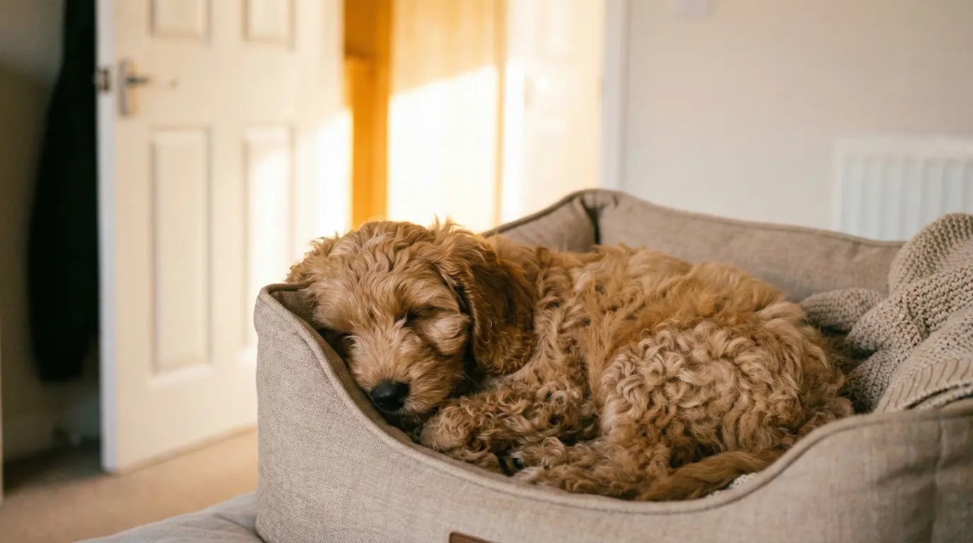 Ein kleiner Welpe schläft tief und entspannt in seinem weichen Körbchen, im Hintergrund sieht man unscharf eine offene Zimmertür