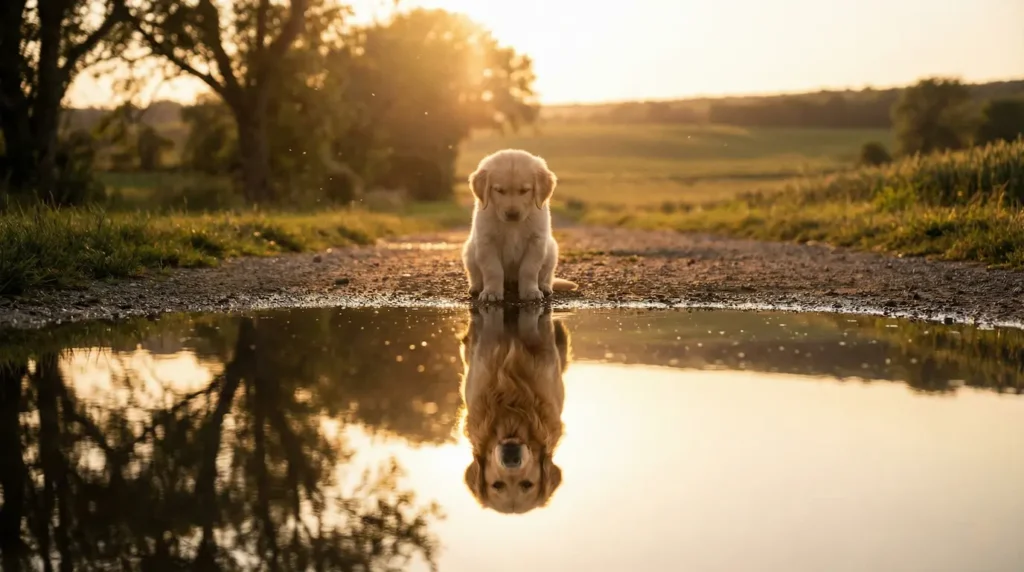 Ein kleiner Welpe blickt in eine Wasserpfütze, deren Spiegelung ihn als majestätischen, erwachsenen Hund zeigt – ein Sinnbild für die Entwicklung und das Erwachsenwerden.