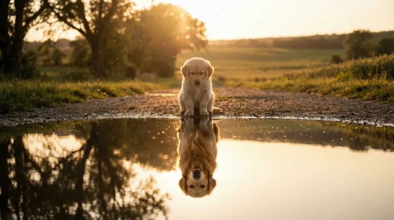 Ein kleiner Welpe blickt in eine Wasserpfütze, deren Spiegelung ihn als majestätischen, erwachsenen Hund zeigt – ein Sinnbild für die Entwicklung und das Erwachsenwerden.