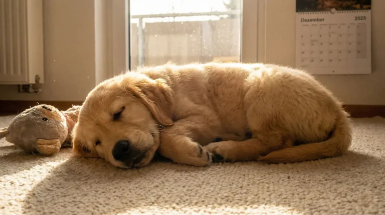 Ein Welpe schläft auf dem Boden