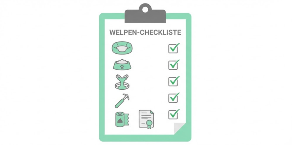 Vektor-Grafik einer Checkliste zum Abhaken: Schlafplatz, Geschirr, Futter, Zeckenzange, Kotbeutel, Haftpflichtversicherung