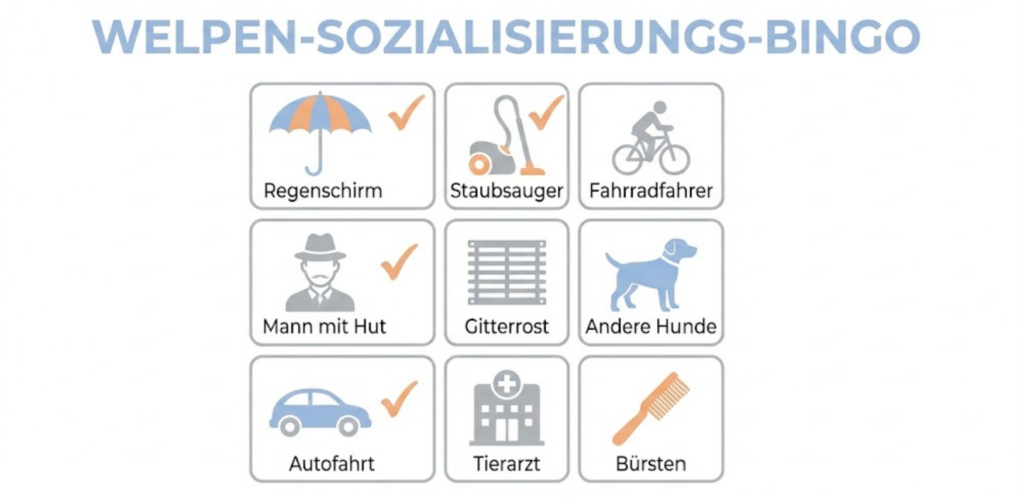Vektor-Infografik einer Sozialisierungs-Checkliste im Bingo-Stil: Symbole für Regenschirm, Staubsauger, Fahrradfahrer, Mann mit Hut und Gitterrost