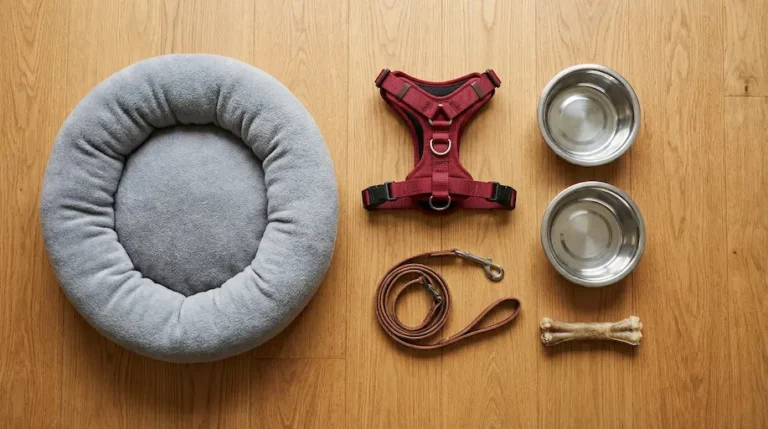 Ein ästhetisches Flatlay-Foto auf Holzboden: Ein weiches Hundebett, ein rotes Brustgeschirr, eine Leine, zwei Edelstahlnäpfe und ein Kauknochen liegen bereit