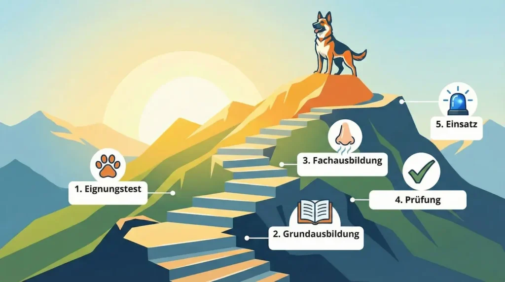 Treppe mit Stufen: Eignungstest -> Grundausbildung -> Fachausbildung -> Vorprüfung -> Hauptprüfung -> Einsatz