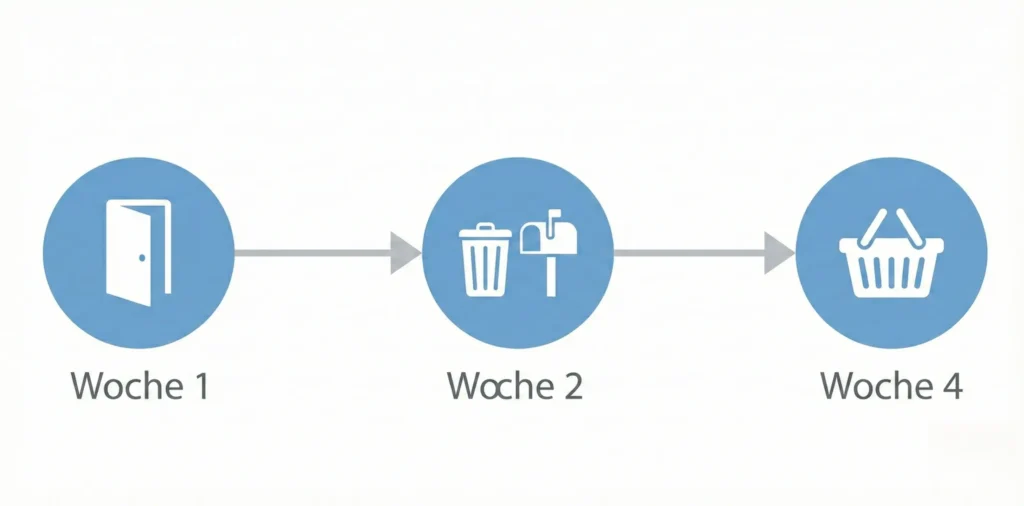 Vektor-Zeitstrahl für das Alleinbleiben: Woche 1 (Tür zu/auf), Woche 2 (Müll rausbringen - 2 Min), Woche 4 (Kurzer Einkauf - 15 Min)
